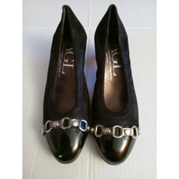 AGL Women's Size 8.5 Black Metallic Shimmer Cap Toe Pumps Made in Italy - Picture 1 of 11